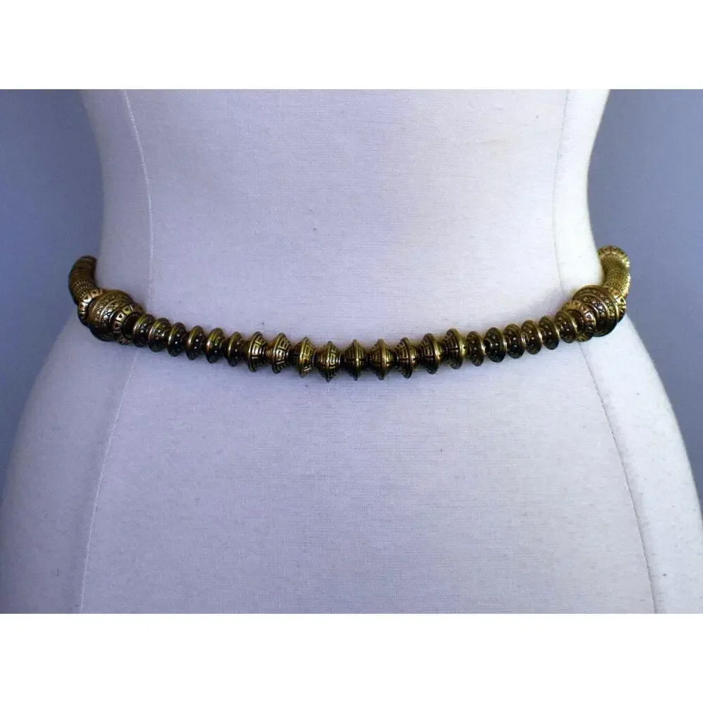 Vintage 90s Brass Tone Metal Mixed Oval Beads Chain Link Belt, One Size Fits All